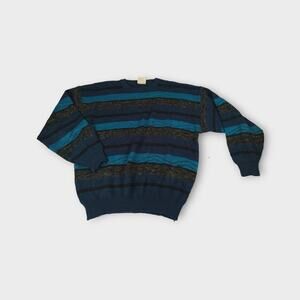 Vintage Men's Peter John Clothing Blue Knit Striped Sweater Size L